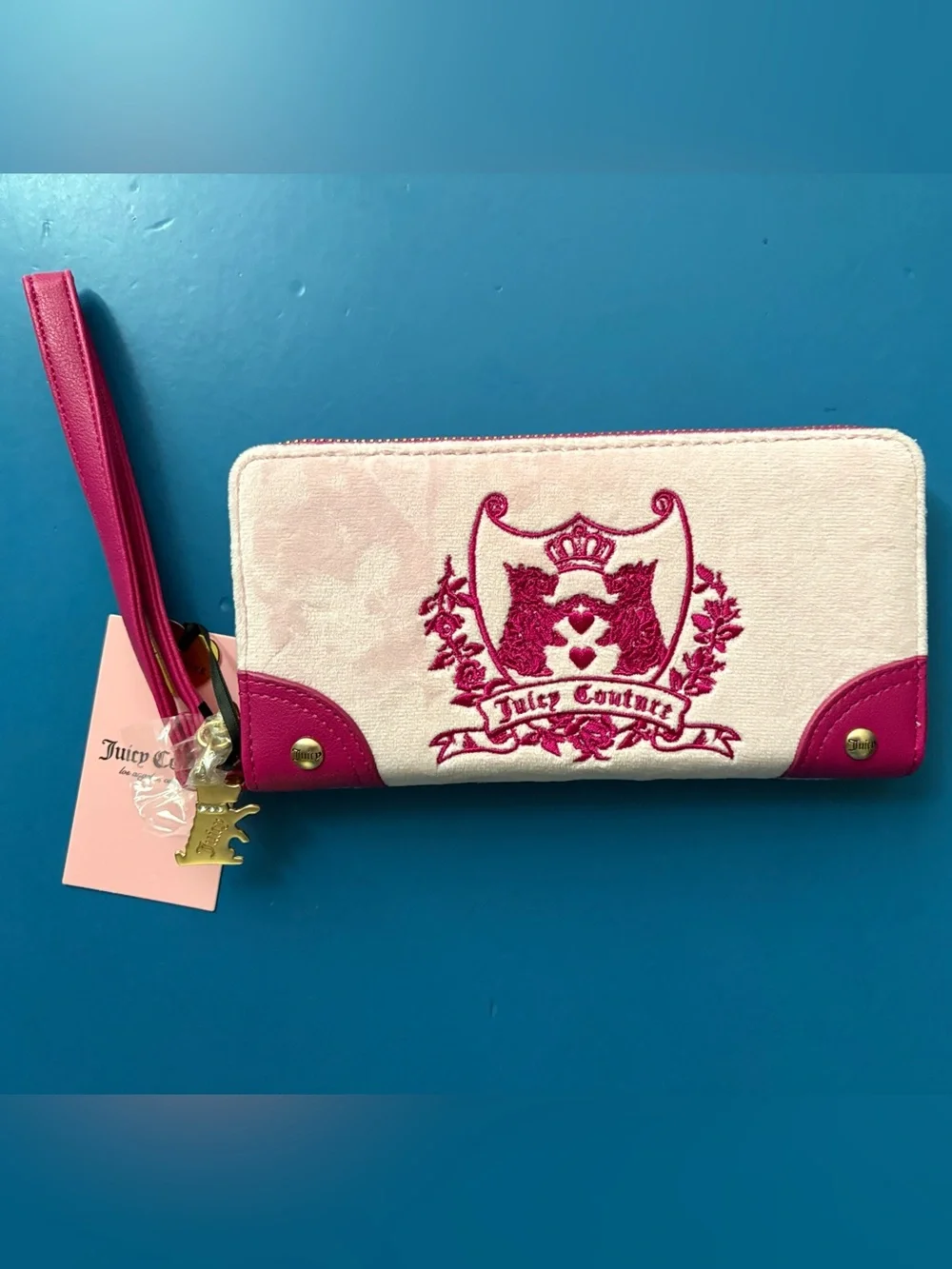 Juicy Couture Velour Embroidered Pink Large Zip Around Wallet Gold Charm